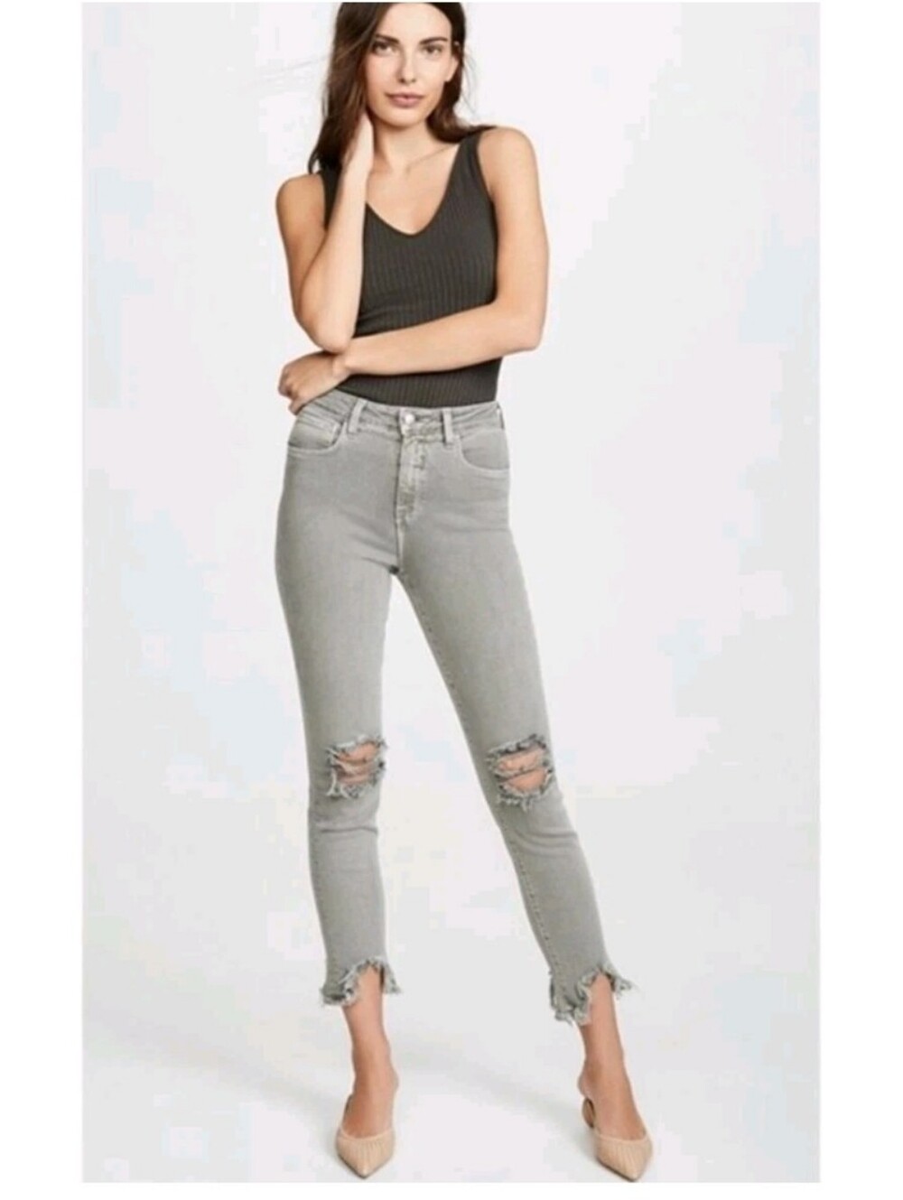 L'Agence $299 High Line Skinny Distressed Jeans Size 26 Sage/Grey
